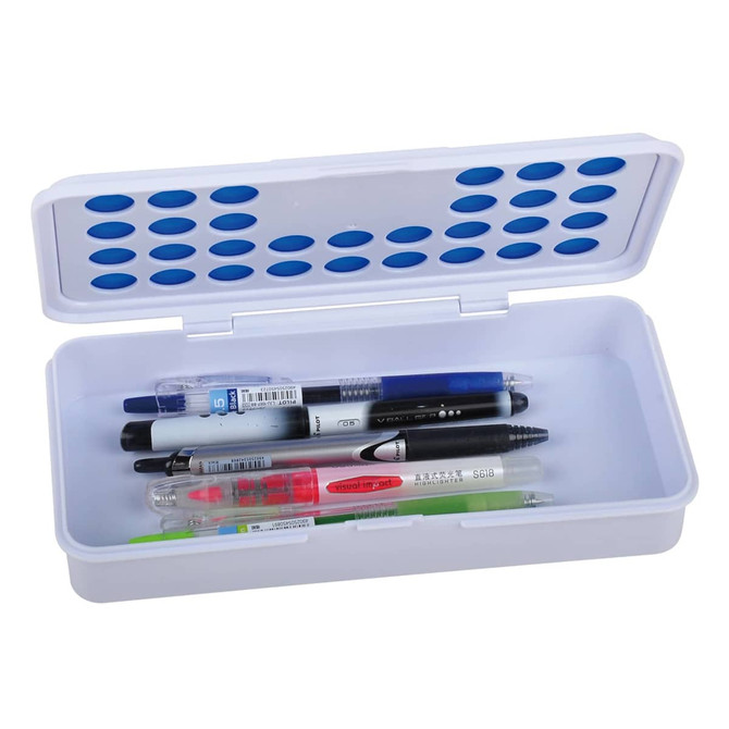 A white pencil case with blue bubble accents, containing various pens and markers in different colours.