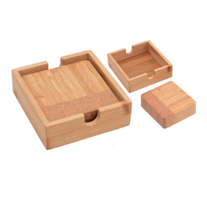 Bamboo coasters in natural tones, featuring four pieces, including a tray and two smaller coasters.