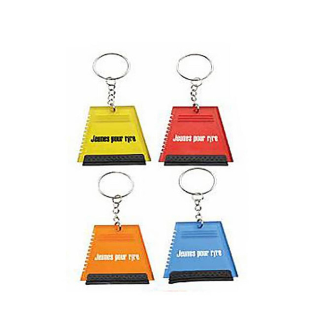 A selection of four ice scrapers in yellow, red, orange, and blue, each attached to a key ring.