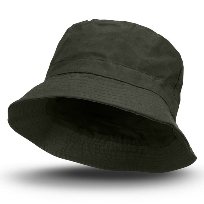 An olive green oilskin bucket hat with a wide brim and a simple design, featuring a logo on the side.