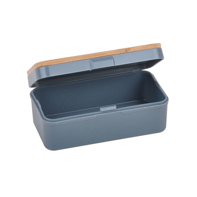 A grey earbuds case featuring a bamboo lid, showcasing a simple and modern design for storing earbuds.