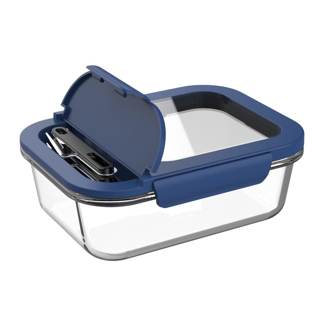 A glass lunch box with a blue lid and a clear body, featuring a plastic sealing mechanism.