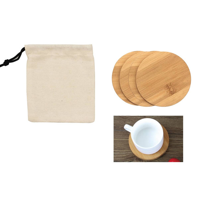 A set of four round bamboo coasters and a drawstring storage bag, featuring a natural wood colour.