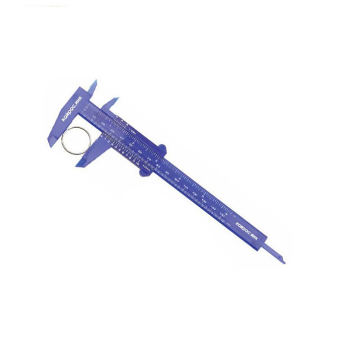 A blue Vernier caliper with a keyring attachment, featuring measurement markings.