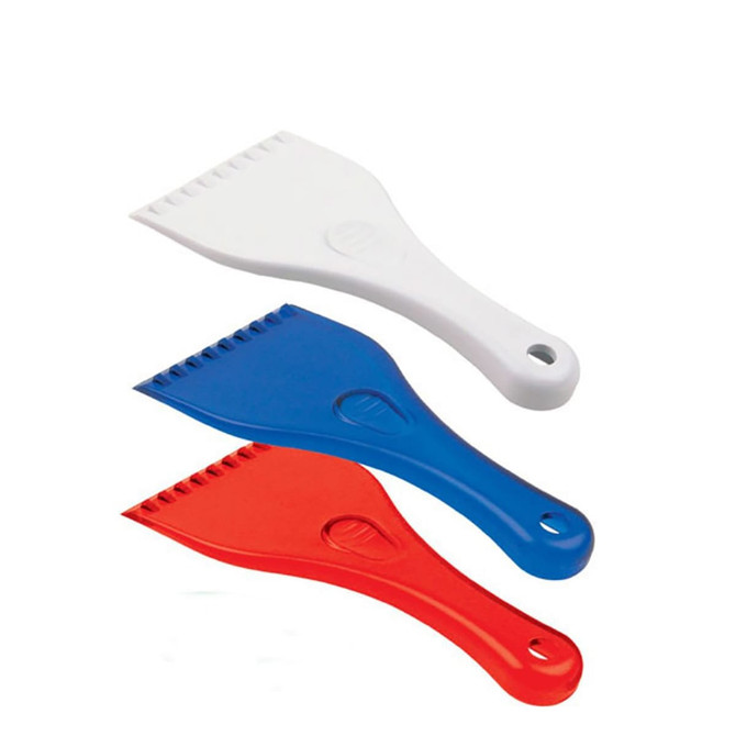 A set of three ice scrapers in red, blue, and white, featuring a handle and a ridged scraping edge.