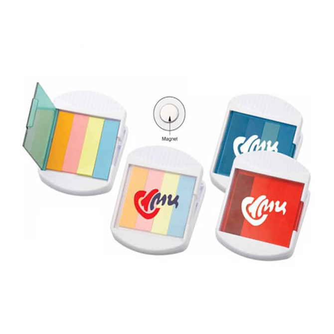 A compact set of sticky notes in various pastel colours, featuring a magnetic closure and a logo.