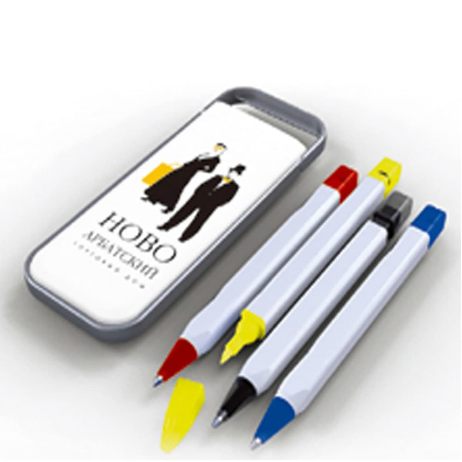 A pen set in a grey case featuring four pens in red, black, blue, and yellow, with a logo on the cover.