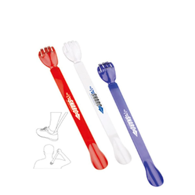 A set of three back scratchers in red, white, and blue, featuring a logo on each handle.