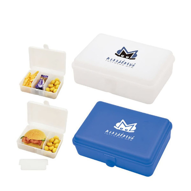 A white and blue three-part lunch box with sections for food, featuring a logo on the lid.