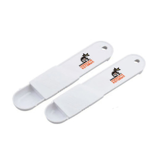 A white measuring scoop set with a logo, featuring two scoops of equal size for precise measurements.