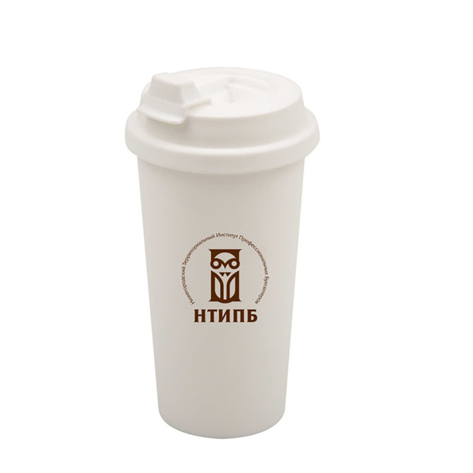 A white Coffee Cup with a lid, featuring a logo in brown. Ideal for hot beverages.