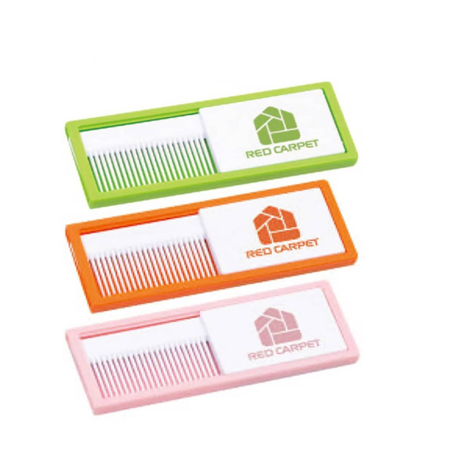 A set of three combs in green, orange, and pink, each with a white casing featuring a logo.