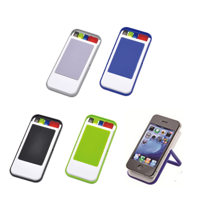A mobile holder in various colours with integrated pen sets and a cloth for cleaning surfaces.