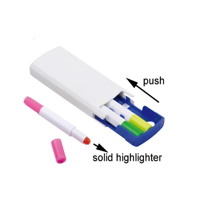 A solid pen set featuring a white case with a blue push mechanism, containing three coloured pens: pink, green, and red.