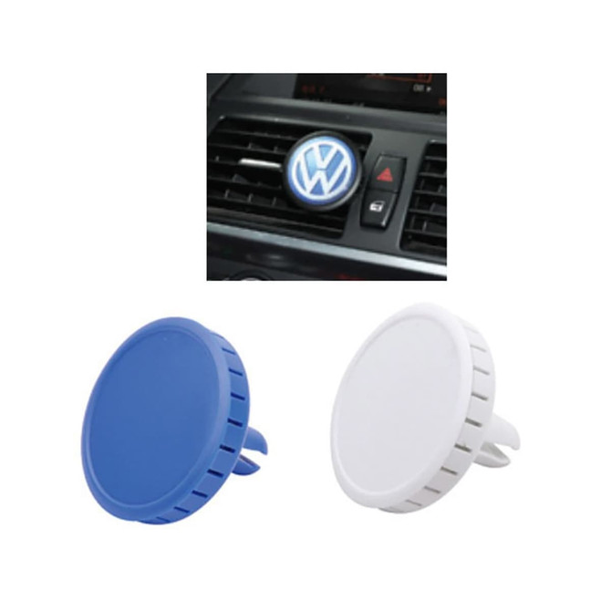 Two round car air fresheners in blue and white, designed for vehicle air vent attachment, with a logo on one.