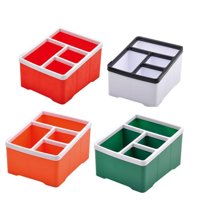 Four desk organisers in red, orange, green, and white, each with multiple compartments for storage. Features a branding logo.