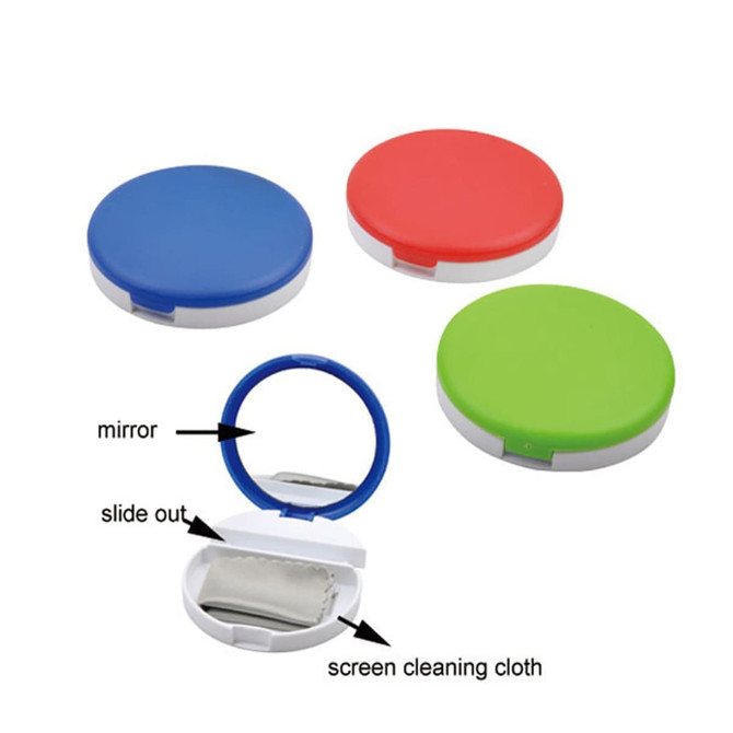 A mobile stand featuring a mirror and a screen cleaning cloth, available in blue, red, and green. It includes a logo.