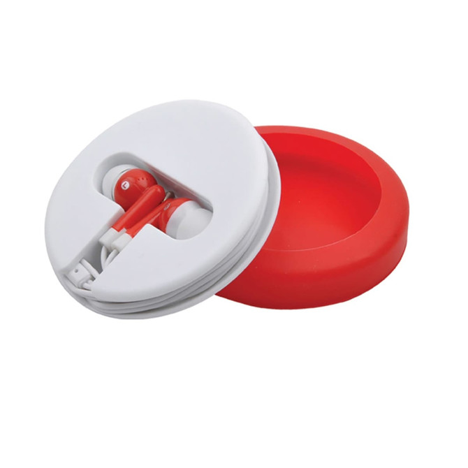 Red and white earbuds in a round case, partially open, revealing the earbuds inside. The case features a logo.
