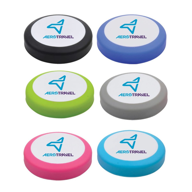 A collection of six silicone earbuds cases in black, blue, green, grey, and pink, featuring a logo on top.