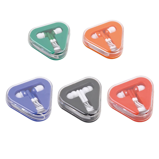 Earbuds in various colours—green, orange, blue, and grey—packaged in triangular cases with a logo.