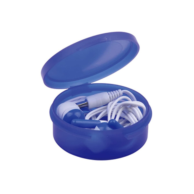 Earbuds in a blue case, featuring white cords and a connector, positioned in an open case.