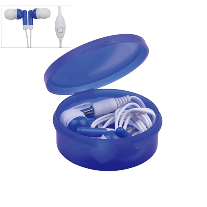 A blue case containing white earbuds with a microphone and a control button.