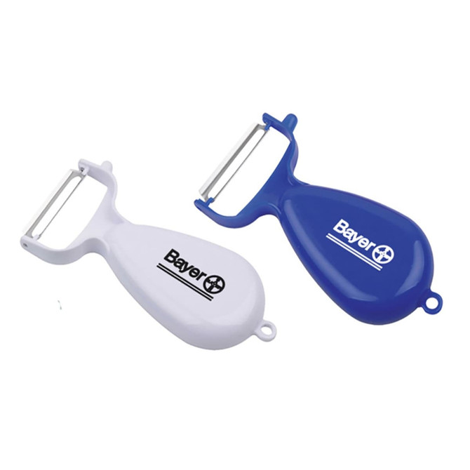 Two vegetable peelers in blue and white, featuring a logo on each handle.