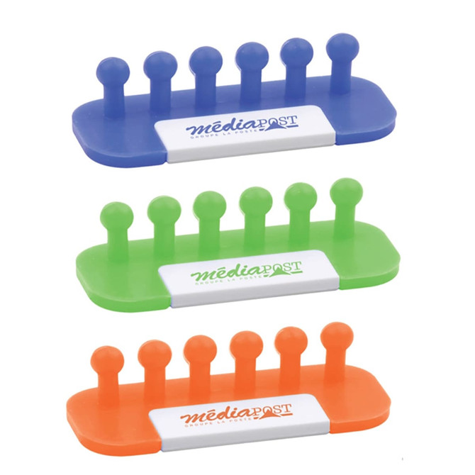 Three cable organisers in blue, green, and orange, each with multiple pegs for holding cables. They feature a logo on the centre.