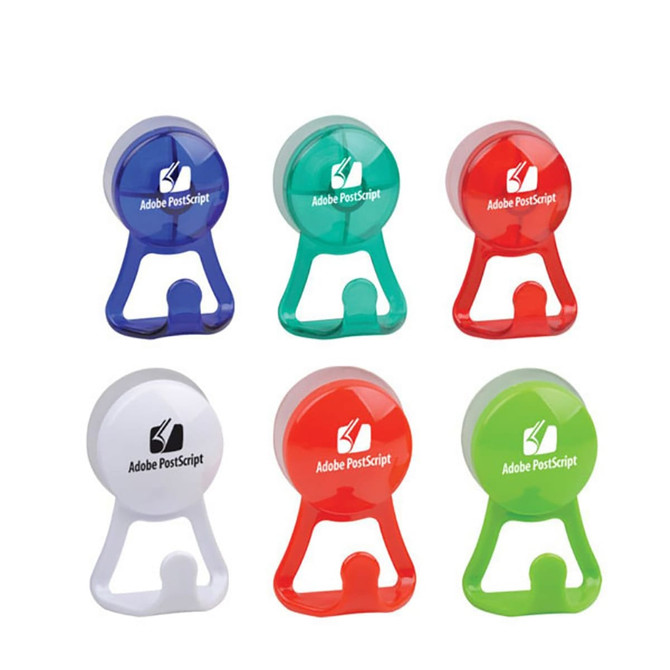 A collection of six colourful phone holders in blue, green, red, and white, each with a branding logo.