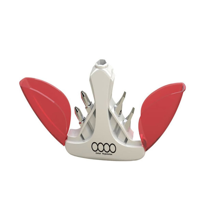 A tool set with silver tools and red plastic holders, featuring a base with a logo.