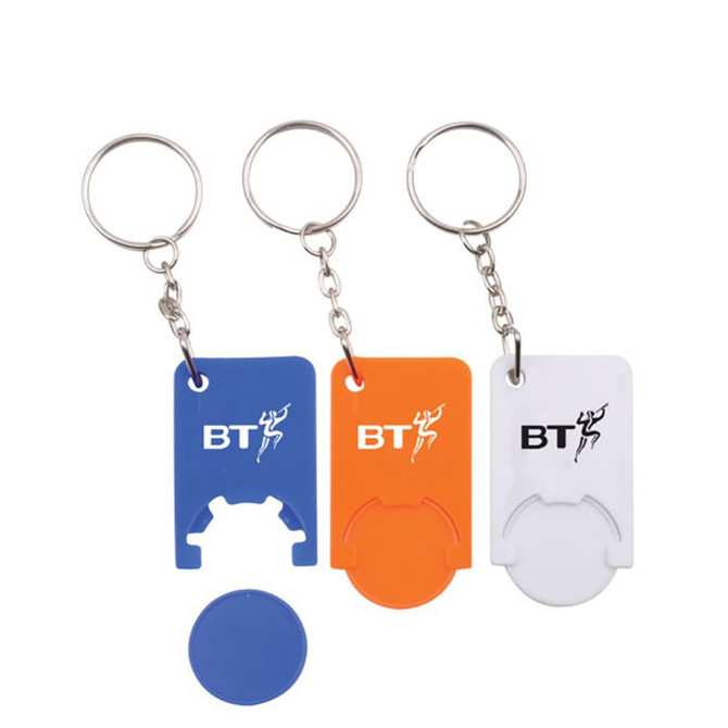 A set of three key tags in blue, orange, and white, each attached to a metal keyring. They have logos.