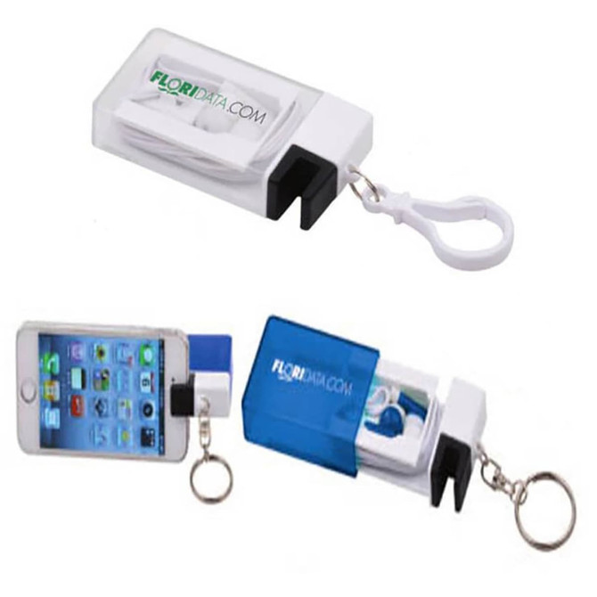 A transparent case with a carabiner, enclosing earbuds in blue and white, featuring a branding logo.