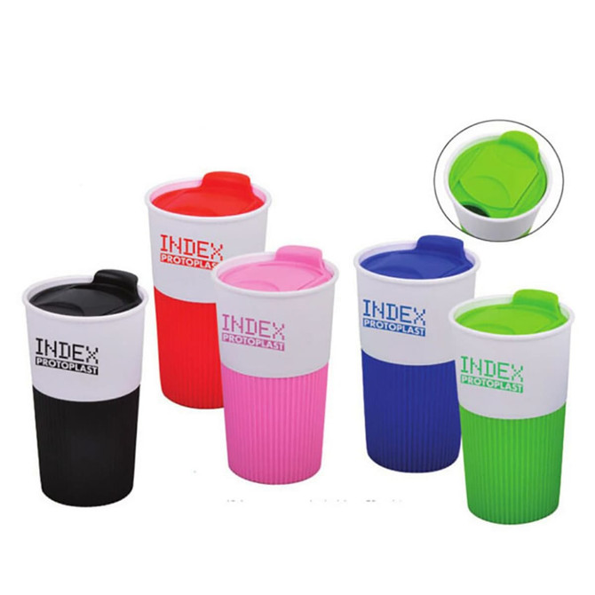 A set of reusable coffee cups in black, red, pink, blue, and green with silicone cases and lids. Each cup has a logo.