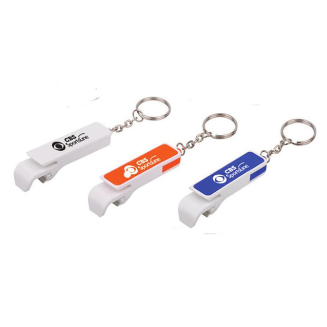 A drink bottle opener keychain in white, orange, and blue, featuring a logo on each.
