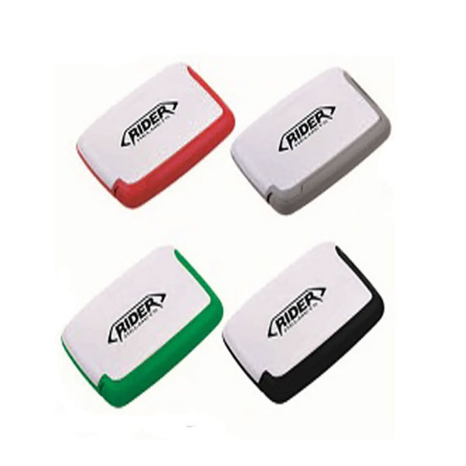 A collection of four business card holders in red, grey, green, and black, each featuring a logo.