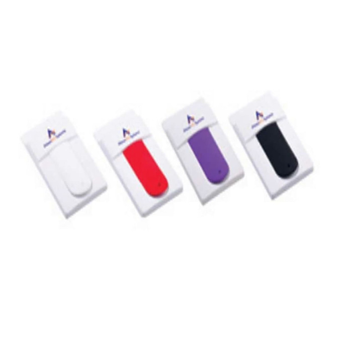 A set of four mobile stand card holders in white, red, purple, and black, on packaging with a logo.