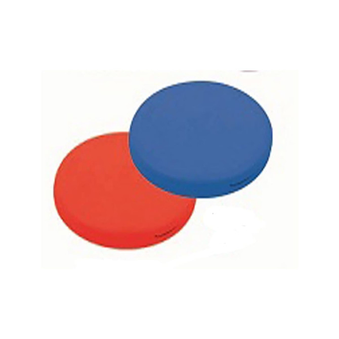 Two round cushions in red and blue, featuring a smooth surface and a logo on one side.