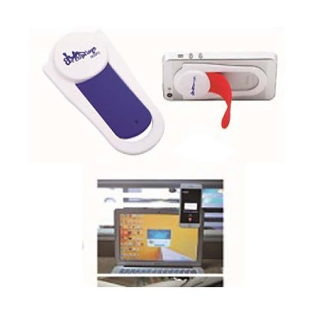 A mobile stand in white and purple, designed for holding devices, with an integrated branding logo.