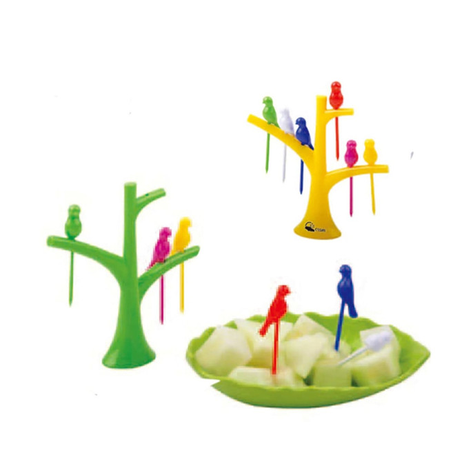 A colourful toothpick holder set featuring tree-shaped stands in green and yellow, with bird-shaped toothpicks in various colours.