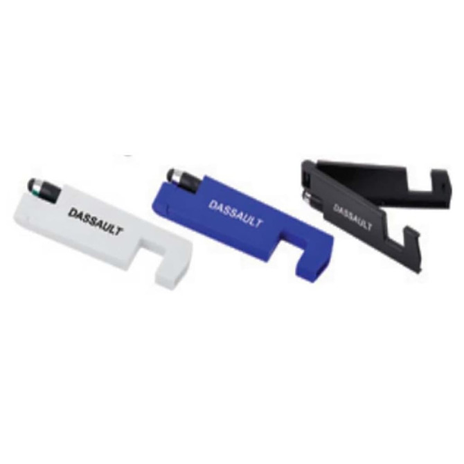 A set of three mobile stands in white, blue, and black, each featuring a stylus pen and a branding logo.