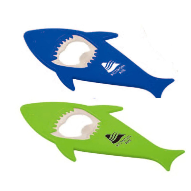 A drink bottle opener shaped like a shark, available in blue and green, featuring a logo.
