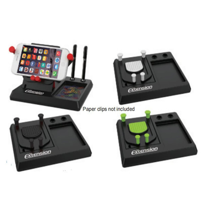 A mobile stand in black featuring a slot for a phone, with compartments for pens and a textured surface.