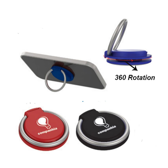 A mobile stand featuring a ring for grip, in red, black, and blue colours, with a logo on the product.