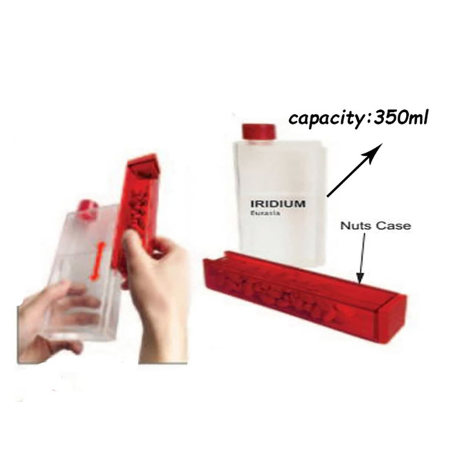 A drink bottle with a red nut box, featuring a transparent container with a capacity of 350ml and a logo.