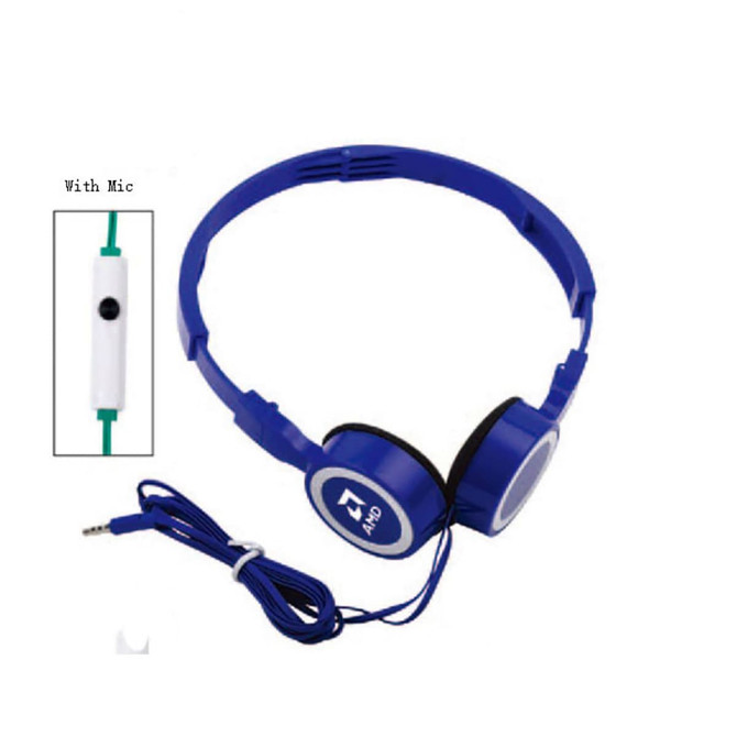 Foldable blue headphones with a microphone and a green audio cable. Features a branding logo on the ear cup.