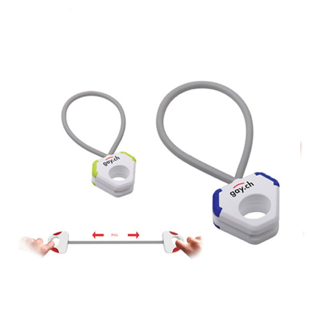 An arm rope in grey with blue and green accents, featuring a hexagonal design and a flexible cord for grip.