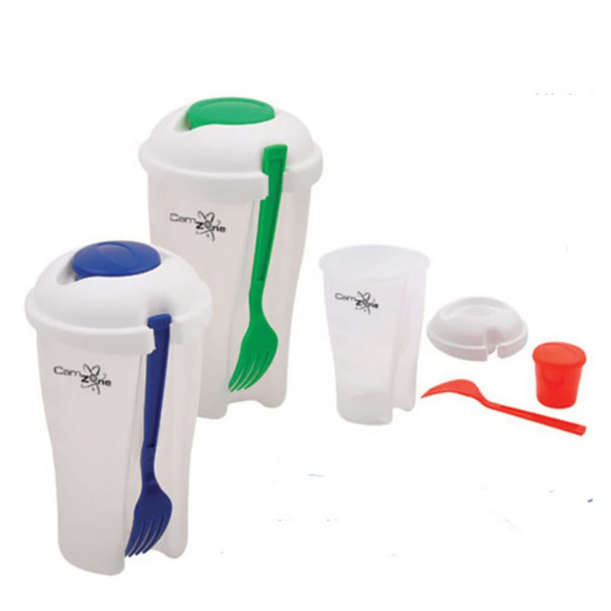 A drink bottle set featuring two white salad cups with colourful lids and forks in green and blue, plus a small container.