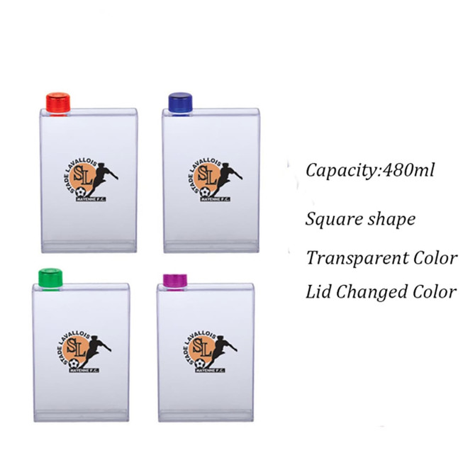 A drink bottle set in a transparent colour, featuring a square shape and coloured lids in red, green, blue, and purple.