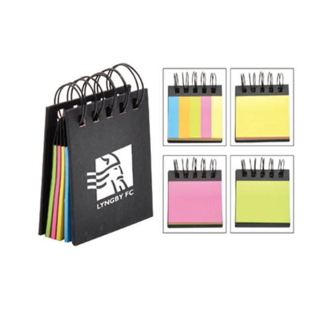 A memo holder with a black cover and various coloured sticky notes inside, featuring a logo on the front.