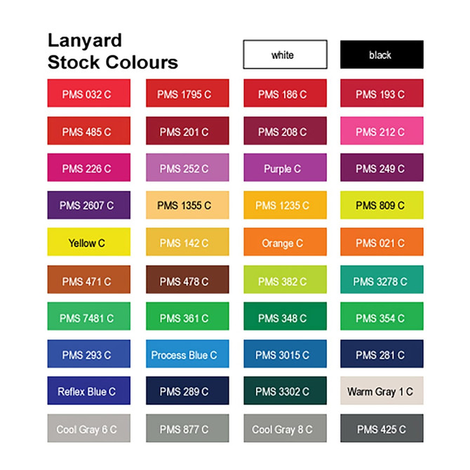 A selection of swatches displaying various stock colours for polyester lanyards, including white, black, and vibrant shades.